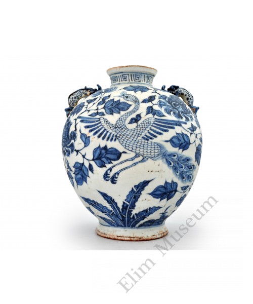 1391 A B&W jar with peacock in peony 